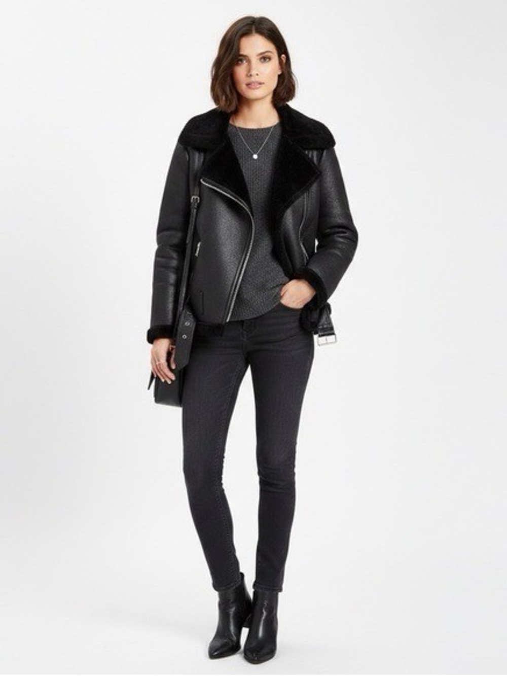 Zara Black Faux-Leather Shearling Moto Jacket